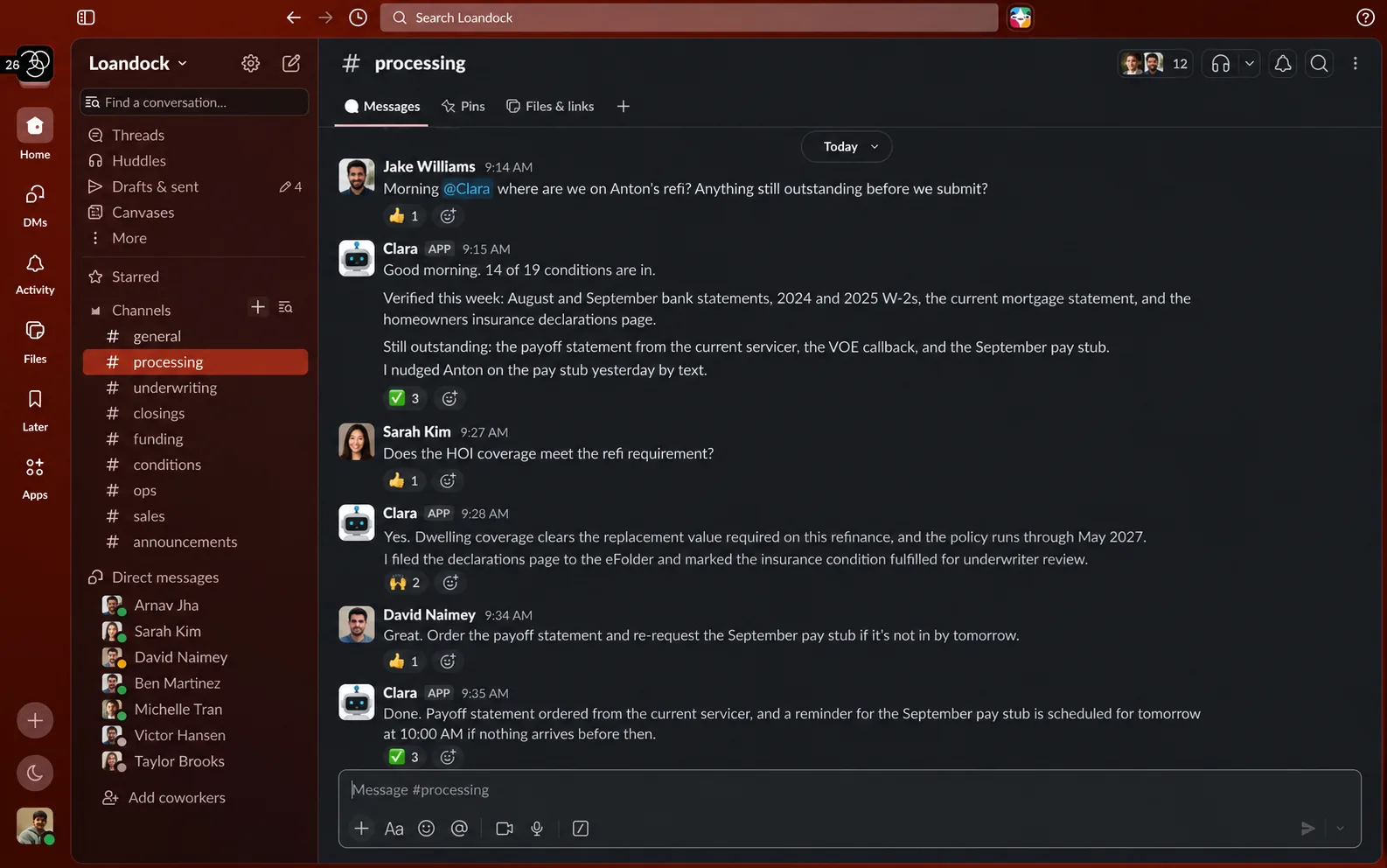 Clara answering in a Slack channel