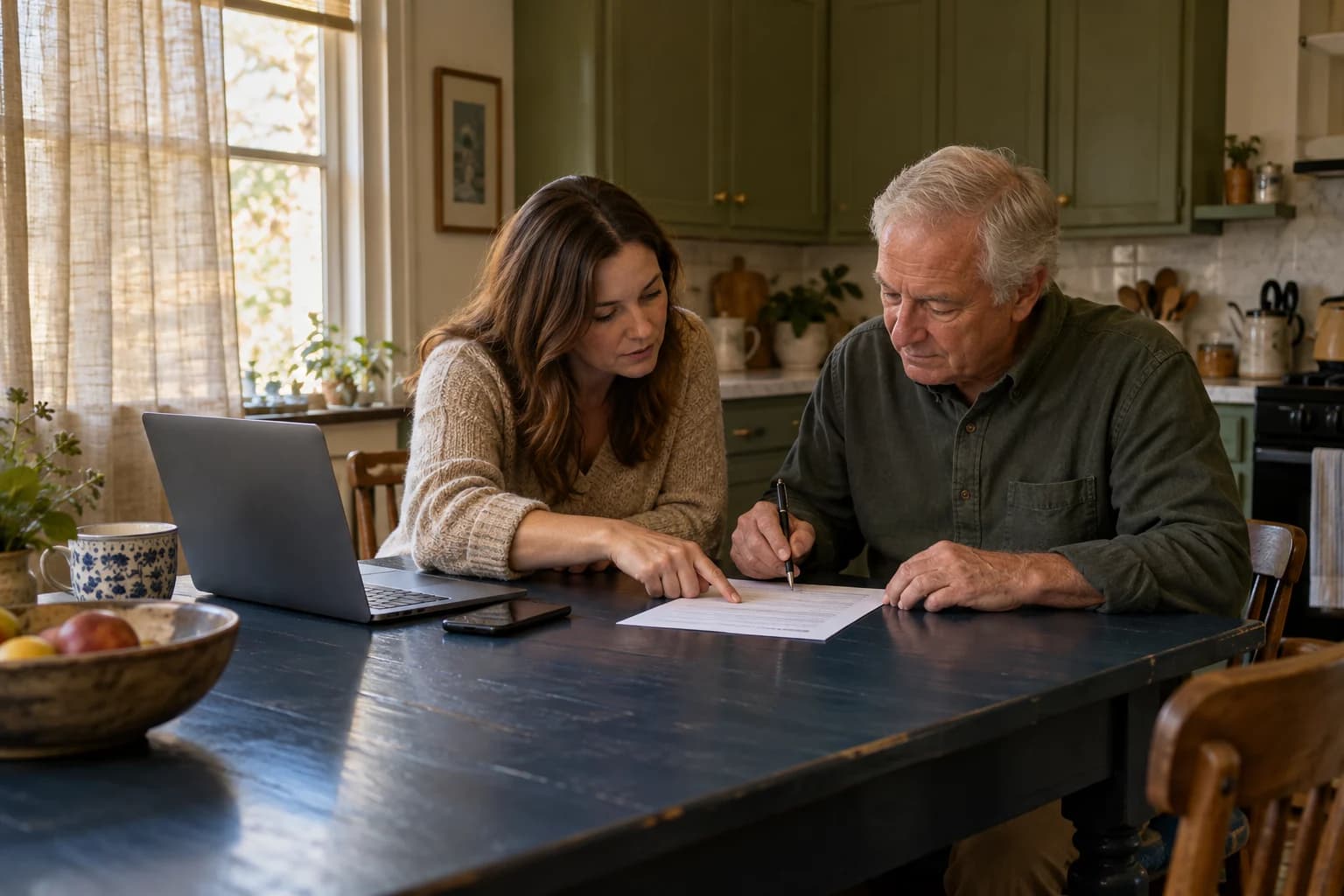 Illustrative photograph of two family members reviewing a letter at a kitchen table.