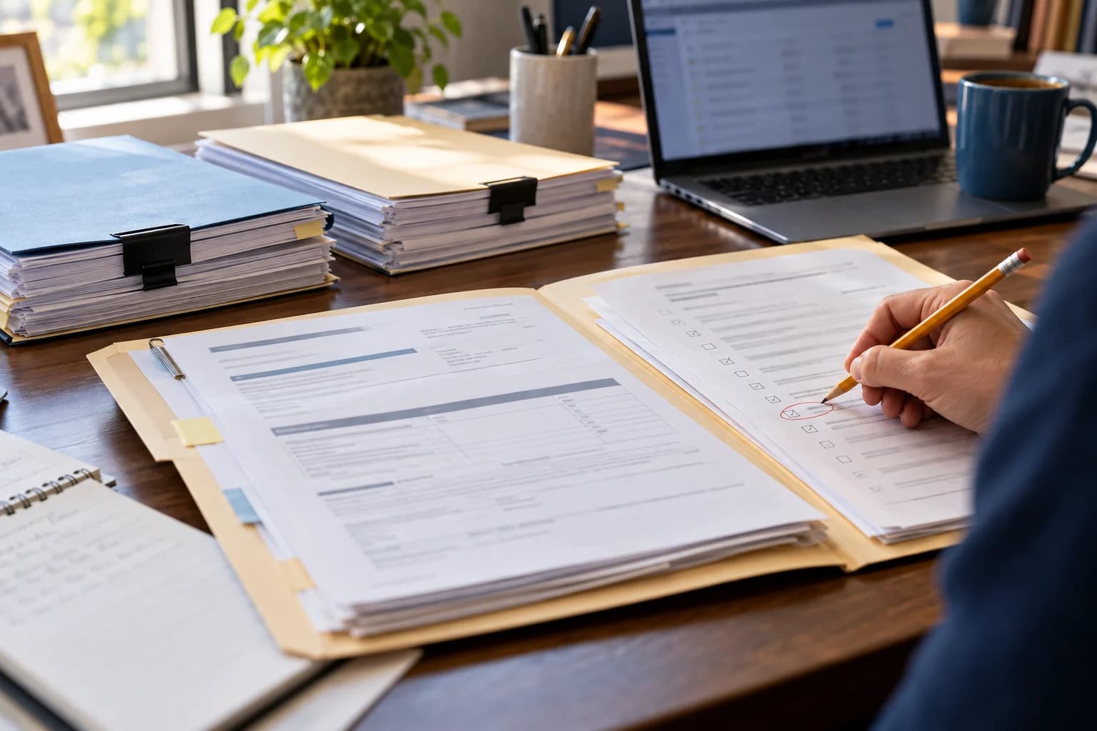 Illustrative photograph of mortgage document packets being reviewed beside a laptop.
