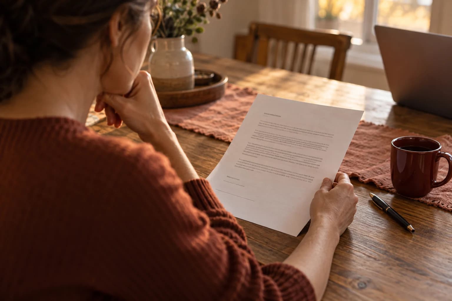 Illustrative photograph of a person reviewing a letter with a pen at a kitchen table.
