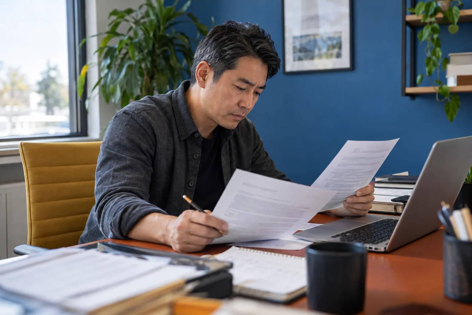 Illustrative photograph of a mortgage processor comparing two printed documents at a desk.