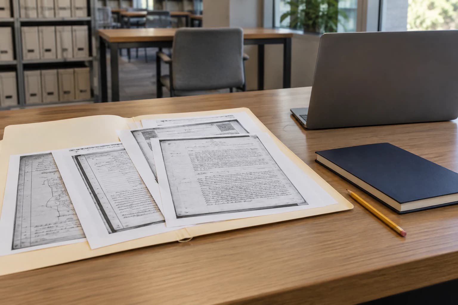 Illustrative photograph of recorded-document copies in an open folder on a reading-room desk.