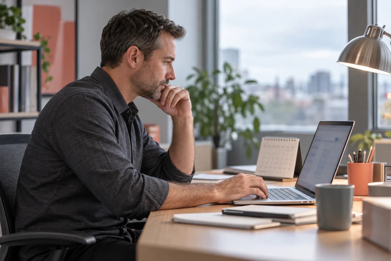 Illustrative photograph of a mortgage processor checking a laptop beside a desk calendar.