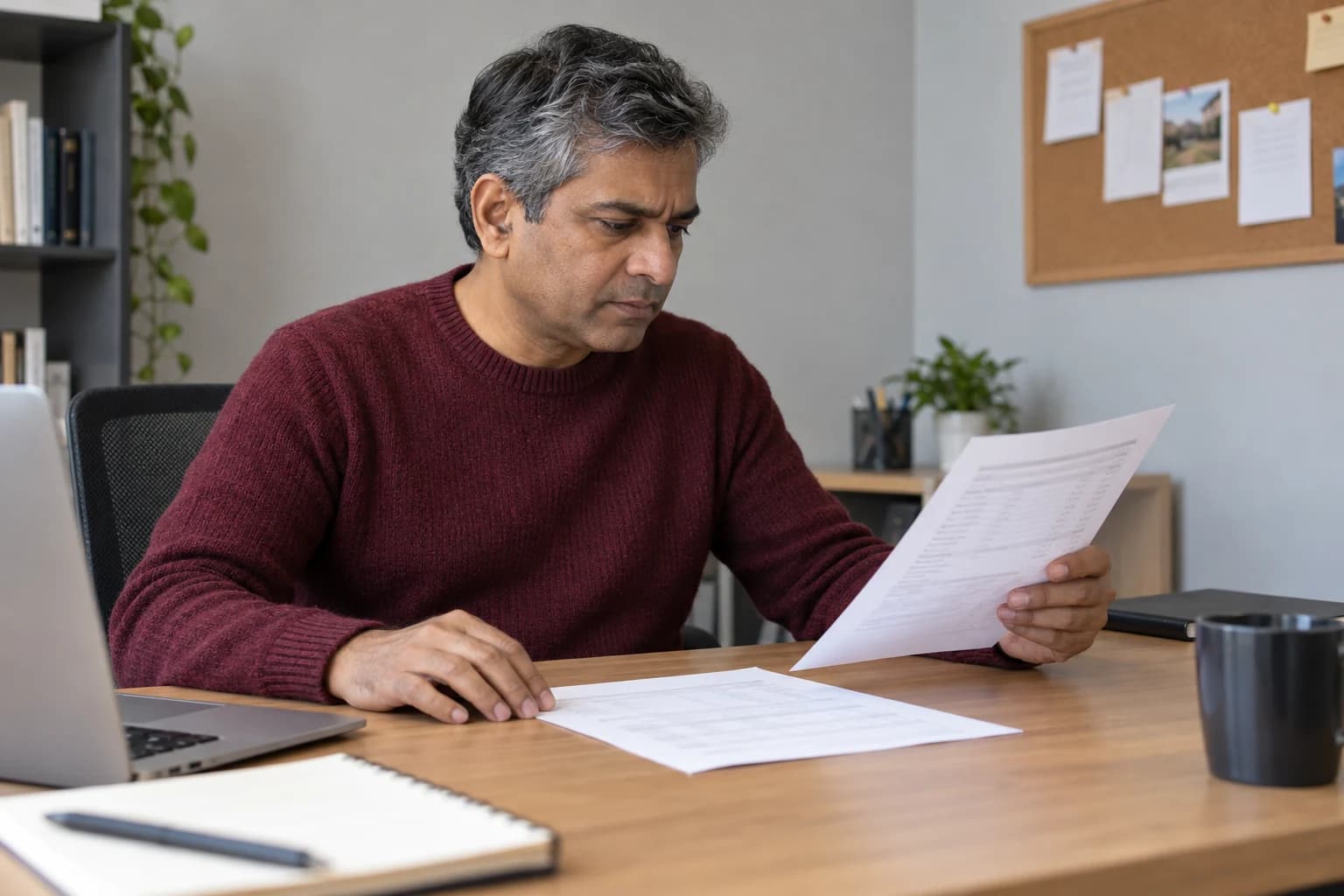Illustrative photograph of a person comparing printed payroll documents at a desk.